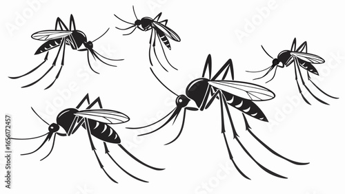 Collection of stylized black and white vector illustrations of mosquitoes in various poses on a white background