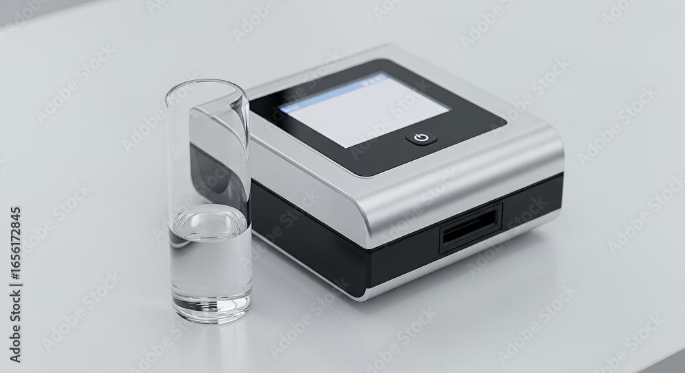 Transparent genetic sampling vial beside a compact analyzer on a clean lab desk and copy space Transparent genetic sampling vial beside a compact analyzer on a clean lab desk and copy space