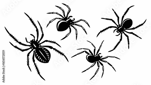 Four black spider silhouettes with detailed legs and bodies arranged in a dynamic composition