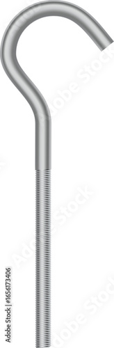 Realistic metal hook screw hanging securely, providing a reliable fastening solution with a sleek design on a transparent background, perfect for various construction and industrial applications
