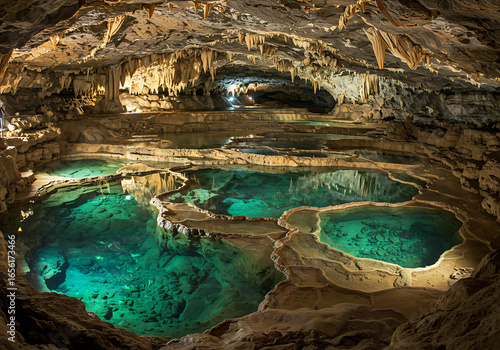 Crystal clear water pools reflect the cave ceiling in the grottes de Choranche, showcasing the natural beauty and geological formations of the French Vercors, creating a serene atmosphere.