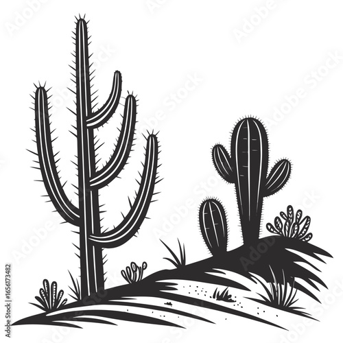 Stylized black silhouette of a desert landscape with saguaro and smaller cacti and sparse vegetation