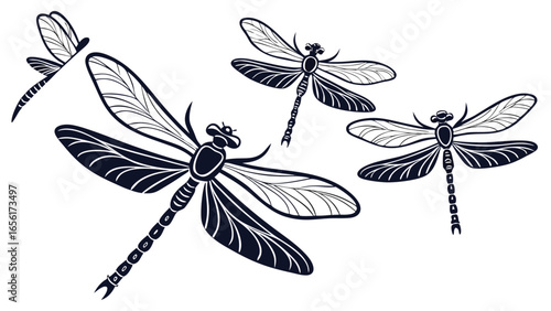 Stylized dark blue dragonflies with intricate wing patterns in various flying poses on a white background