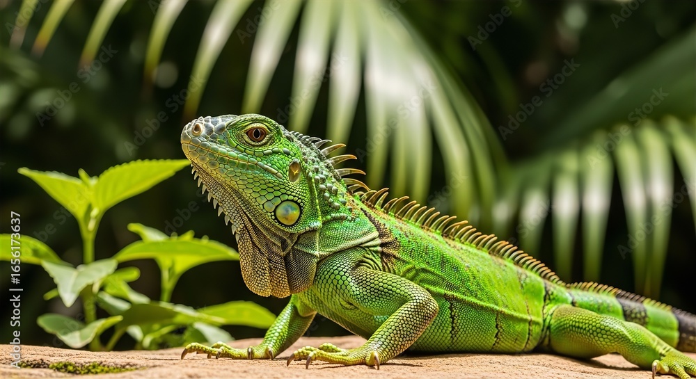 Obraz premium Green Iguana on Sunlit Rock