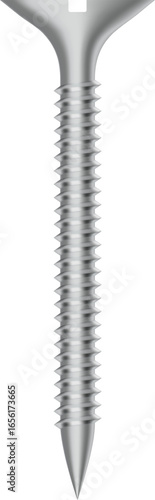 Realistic vector illustration of a silver metallic screw with countersunk head, helical threads and sharp tip, isolated on transparent background, ideal for technical illustrations or DIY projects