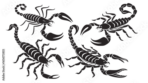 Tribal style black scorpion silhouettes arranged in a dynamic pattern on a white background