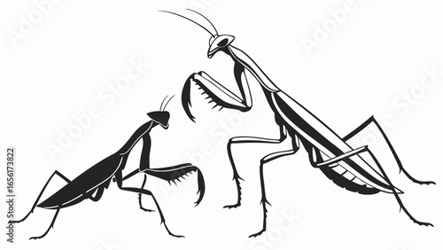 Two stylized black and white praying mantises in silhouette pose against a white background