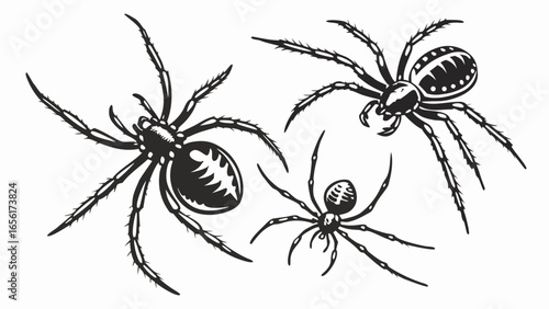 Three stylized black spiders with detailed legs and bodies on a white background