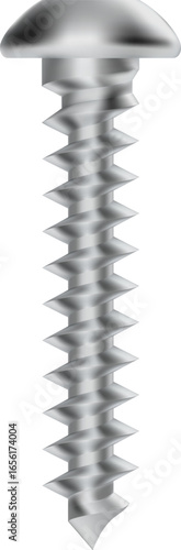 Realistic metallic screw with helical thread, isolated on transparent background, representing concepts of construction, fastening, and DIY projects