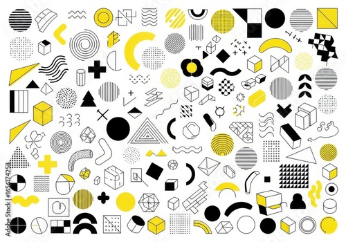 Abstract geometric shapes and doodles with yellow accents