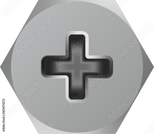 Close up view of a Phillips head screw, highlighting the distinctive cross shaped recess design, set against a transparent background, ideal for design and construction projects