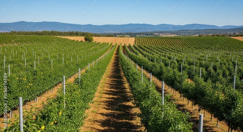 Fototapeta premium Vineyard rows stretching into a distant mountain range under a clear blue sky.