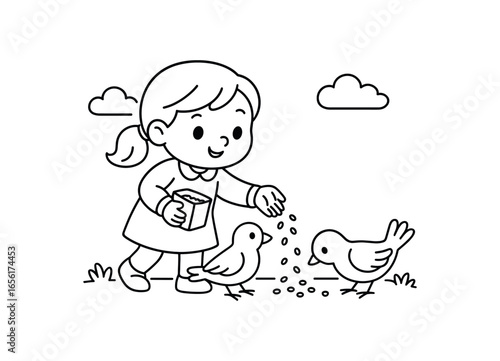 Feeding birds stroke illustration cute kids coloring book style. Fun and wholesome theme made for children