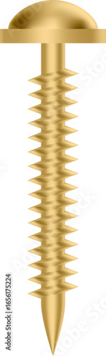 Realistic gold screw with domed pan head, sharp tip and helical thread, isolated on transparent background, representing concepts of construction, fastening, and DIY projects
