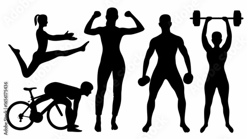 Silhouette illustration showing various fitness activities including cycling weightlifting and gymnastics poses