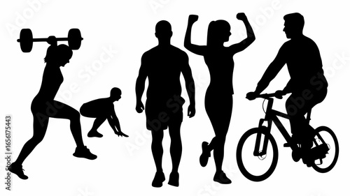 Silhouettes of people exercising with weightlifting running cycling and celebrating fitness achievement