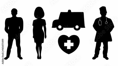 Silhouette illustration depicting medical staff ambulance and heart with cross symbol in black and white color