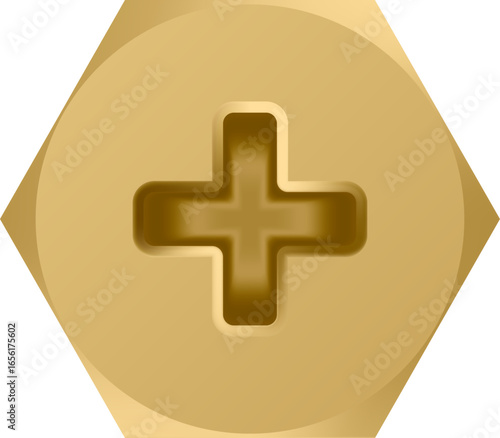 Close up of a gold colored hexagon head screw featuring a cross recess, positioned centrally, set against a transparent background, ideal for hardware, construction, or DIY related projects
