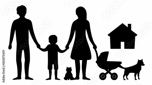 Silhouette of a family with a child, a stroller, a cat, a dog and a house on a white background