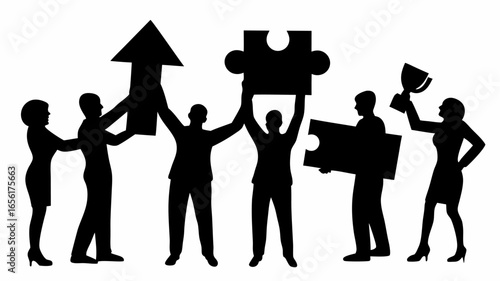Silhouette of people working together holding an arrow puzzle pieces and a trophy in black and white