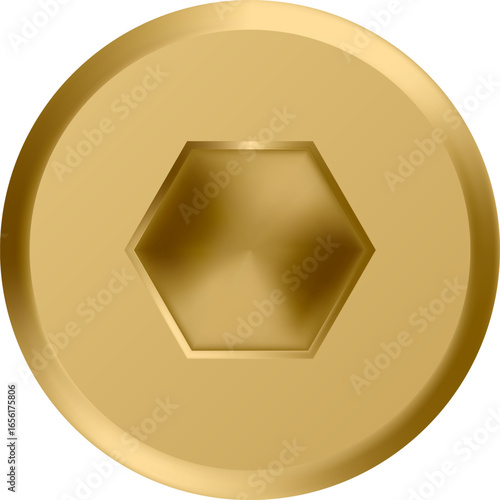 Close up of a golden screw head featuring a hexagon socket, creating a visually striking contrast against a transparent background, ideal for hardware, construction, or DIY related projects