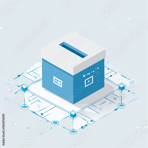 Blockchain voting system vector with ballot box and digital chain. Represents secure digital democracy and modern technology.