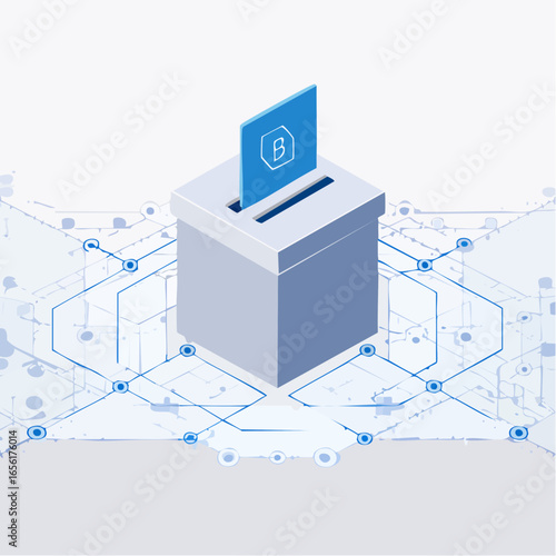 Blockchain voting system vector with ballot box and digital chain. Represents secure digital democracy and modern technology.
