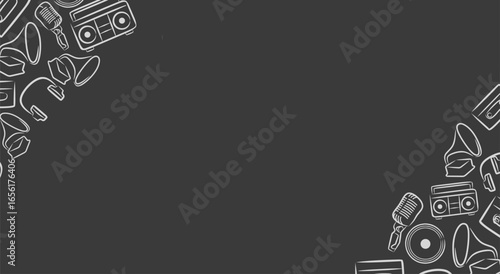 Dark background with retro music border including cassette vinyl record radio and microphone sketch