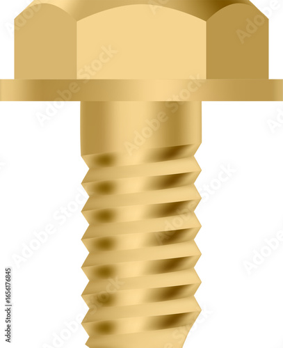 Shiny golden metallic screw with large head and helical thread is standing on transparent background, creating a visually striking contrast