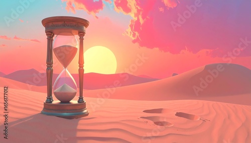 A lone hourglass stands majestically in a vast desert landscape at a breathtaking sunset, representing the finite nature of time and the endless journey of life.