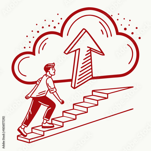 A man climbs a staircase towards a cloud with an upward arrow, symbolizing progress and digital advancement.