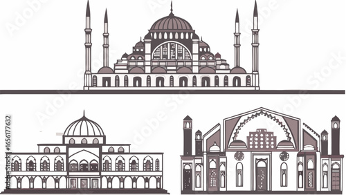 Illustration featuring three distinct mosque structures with varying architectural styles and minarets |  editable eps vectors silhouette