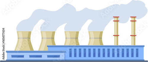 Large industrial factory emitting smoke and steam from cooling towers and chimneys, representing manufacturing, industry, and potential environmental impact