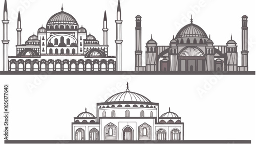 Illustration depicting three mosques with domes and minarets in a black and white architectural style |  editable eps vectors silhouette
