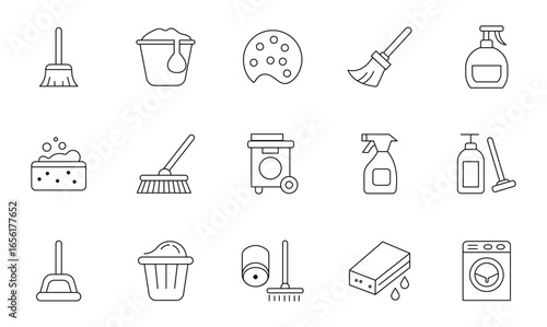 Cleaning Tools Icon Set Featuring Minimal Vector Symbols for Household and Janitorial Use

