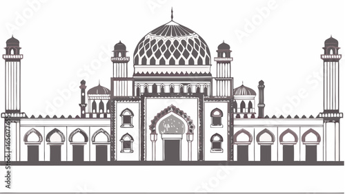 Illustration of a grand mosque with intricate details and multiple minarets and a large central dome |  editable eps vectors silhouette