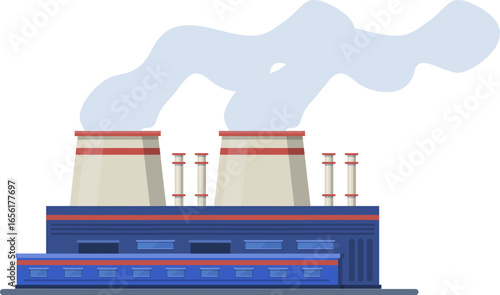 Large industrial factory polluting the atmosphere releasing smoke from chimney and contributing to air pollution with harmful emissions, causing environmental damage and global warming