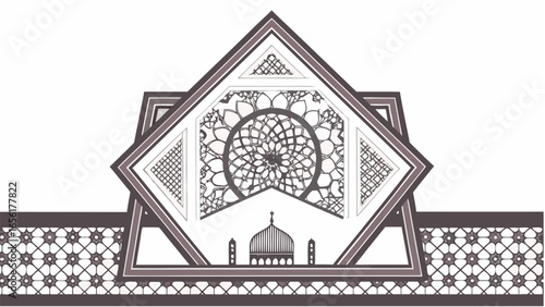 Architectural drawing featuring a mosque and geometric patterns in a symmetrical design style |  editable eps vectors silhouette