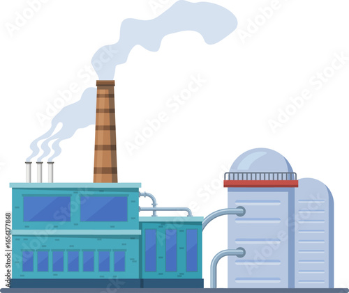 Cartoon illustration of an industrial factory building emitting smoke from its chimney, connected by pipes to a storage tank with a red platform on a transparent background