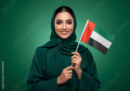 Portrait of a Beautiful Emirati Woman in Hijab Holding the UAE Flag for National Day Celebration.
