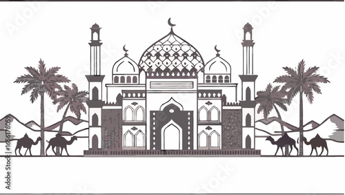 Illustration of a mosque with palm trees and camels in a desert landscape style drawing art design |  editable eps vectors silhouette