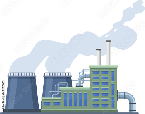 Large industrial factory emitting smoke from chimneys and cooling towers. Polluting the environment with harmful emissions. Concept of environmental pollution and industrial impact on climate change