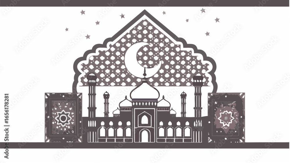 Fototapeta premium Illustration of a mosque with a crescent moon and stars in a decorative islamic design style art | editable eps vectors silhouette
