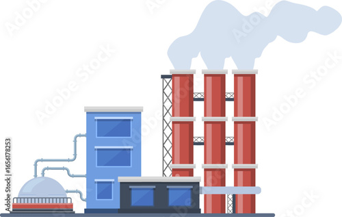 Industrial factory polluting environment with smoke from chimneys, representing air pollution and environmental damage caused by industrial activities, with transparent background