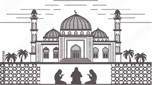 Illustration of a mosque with domes, minarets, palm trees, and three people praying in silhouette |  editable eps vectors