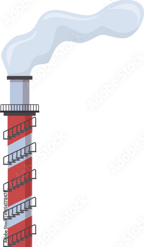 Red and white industrial chimney emitting a large plume of smoke on a transparent background, ideal for industrial or environmental concepts
