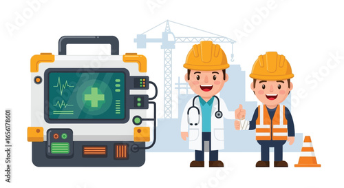 Medical professional and construction worker team with diagnostic equipment illustration