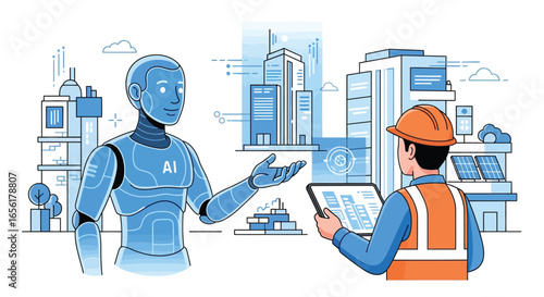 Artificial Intelligence and Engineer Partnering for Innovative Smart City Development - Detailed Vector Illustration