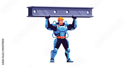 Futuristic Construction Worker Lifting Steel Beam in Advanced Suit