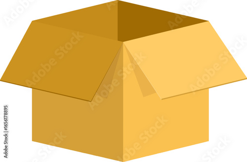 Open yellow cardboard box isolated on transparent background, representing concepts like shipping, receiving, storage, and the anticipation of unpacking